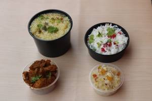 Rasam Rice + Chicken Fry + Curd  Rice + Dessert