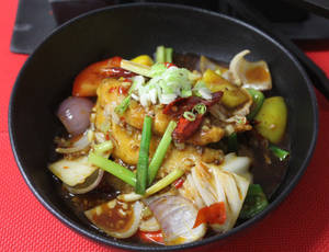 Pan Fried Sichuan Betki, Red Chili, Soya & Rice Wine