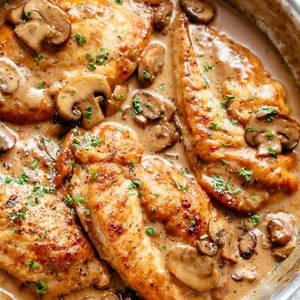 Marsala Al Olio Chi Or Ricotta Herbed Cutlet, Penne Pasta Grilled Veggies In Creamy Mushroom Sauce