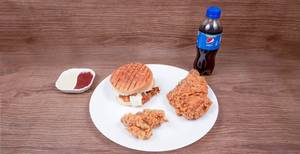 Grilled Chicken  Burger + Wings (2pcs) + Fried Crispy Leg/thigh (1pcs) +fries (15 Pcs) + Mayo(2pkt)
