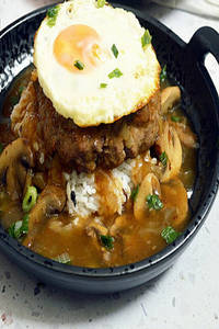 Hamburger Beef Steak With Butter Rice And Sunny Side Up Egg