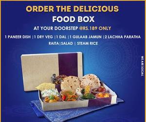 VEG THALI-Foodbox (1 Paneer Dish, Dal, 2 Laccha Paratha, Steamed Rice, 1 Gulab Jamun, Raita, Salad )