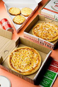Onion Pizza + Sweet Corn Pizza + Cheese Garlic Bread + Soft Drink