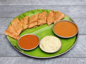 Mysore Masala Dosa (Served with White Chutney, laal Chutney and Sambhar)