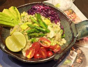 Quinoa, Asparagus, Avocado, Braised Red Cabbage Bowl, French Vinaigrette Dressing