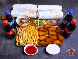 Chef Shawarma (2 Nos) + Fully Loaded Shawarma (2nos) + French Fries + Chicken Nuggets + Cold Drink