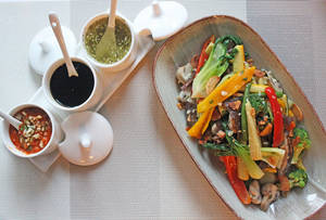Paneer With Mushroom And Baby Corn In Spicy Basil Sauce