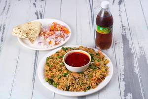 4 Pav + Butter Bhaji + Tawa Pulao + Lasan Chutney + Salad + 2 Papad + Jeeru Masala Cold Beverage [200ML]