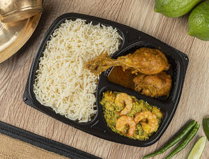 "basmati Rice+chicken Bhuna (2 Pcs)+kochupatta  Chingri Tray"
