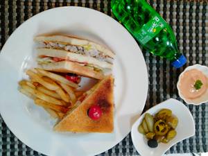 Chicken Club Sandwich + Potato Wedges + Soft Drink