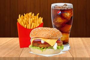Crunchy Paneer Burger with Fries and Pepsi