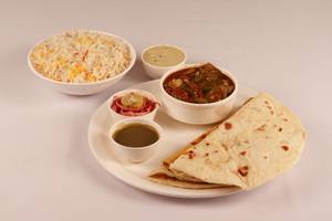 Aloo Gobhi Matar + Veg Hyderabadi Biryani + 2 Paratha + Salad + Sweet +coldrink 250 Ml