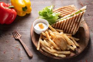 Grilled Bbq Chicken And Tikka Cheese Club Sandwich(2 Jumbo Triangles)