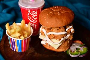 Crispy Chicken Burger With Fries And  Cold Drinks