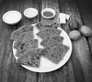 Aaloo Paratha + Paneer da Pyaza Paratha + Butter + Pickle + curds