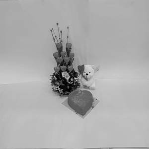 Red Velvet Cake [500 grams, 1 Bouquet] with Teddy Bear