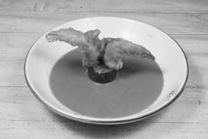Crispy Jheenga Tempura In A Curry Leaf Lemongrass Broth    
