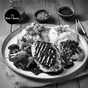 Grilled Chicken In Spicy BBQ Sauce With Mashed Potato And Sauté Veg