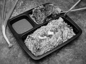 Pan Fried Grilled Chicken With  Egg Chow Mein
