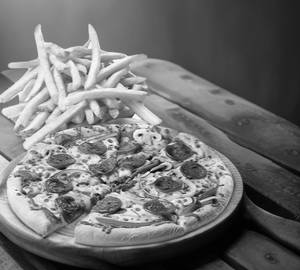 Pizza With Fries And Cold Coffee