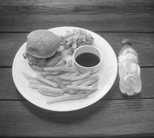 Chicken burger + french fries +  1 crispy leg pc with cold beverage [250 ml]