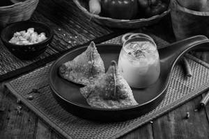 Cold Badam Milk + Aloo Masala Samosa
