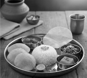 South Indian Meals (rice + Poori (2) Or Chapati (1) + Sambar + Rasam + Sweet + Veg Palya + Papad)