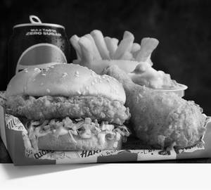 1 pc chicken+ chicken burger+ small fries+dew400 ml
