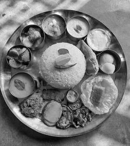 Meals (Rice+veg curries+dum fries+Rotti chutney+Dal+Sambar+Rasam+Papad+Curd+Pulusu