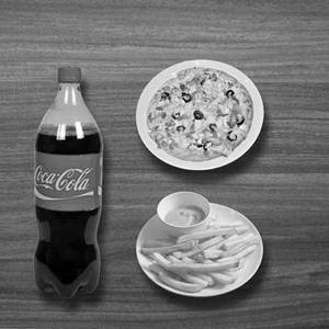 Chicken pizza with cheese fries and cooldrink