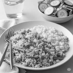 Veggie protein rice with egg & salad