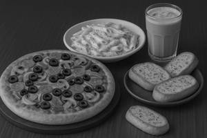 1 Veg Extravaganza Pizza (Medium), 1 White Sauce Pasta, 1 Garlic Bread, 2 Cold Coffee