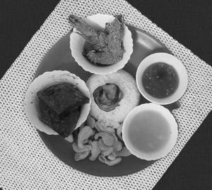 Galda chingri thali - rice + alu chokha/vaji + dal + 1 vegetable +