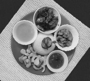 Mutton Thali - Steamed Rice, With Alu Chokha Or Vaji, Sabji, Dal, Mutton Kosha, Chatni & Papad
