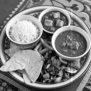 Steam Rice, Paneer, Plain Dal, Mixed Veg, Papad, French Fry, Salad
