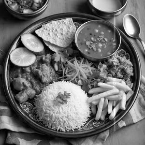 Steam Rice, Chicken Cury, Plain Dal, Mixed Veg, Papad, French Fry, Salad