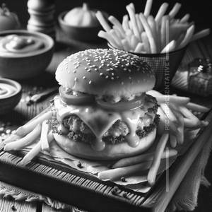Cheesy Chicken Burger With French Fries