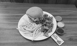 Chicken Jumbo Schezwan Burger, 20pc Popcorn And Fries S