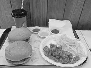2pc Chicken Burger, 20pc Chicken Popcorn, Fries S And Curacao Mocktail