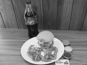 Chicken Jumbo Schezwan Burger, 6pc Strips And Thums Up