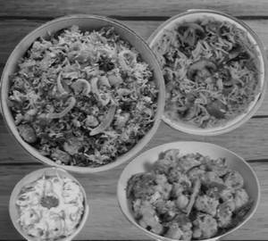Veg Briyani (or) Mushroom Briyani,onion Raitha,gobi 65