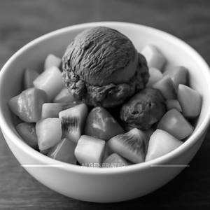 Fruit salad with chocolate ice cream