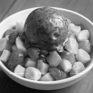 Fruit salad with black current ice cream
