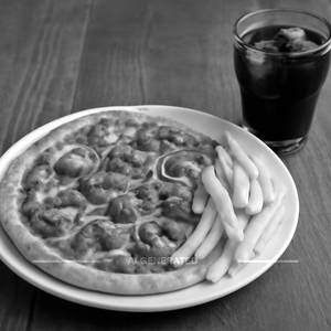 Chicken pizza + french fries and soft drink
