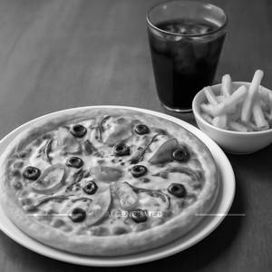Veg pizza + french fries and soft drink