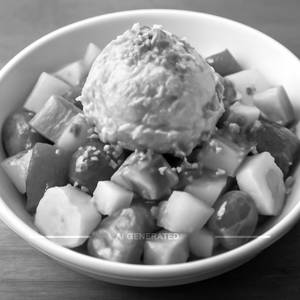 Fruit salad with butterscotch ice cream