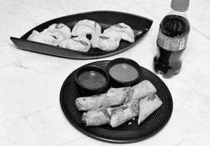 Chicken Momo + Chicken Spring Roll + Coke
