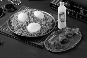 Egg Biryani with Chicken Angara Kebab & Lemon Soda