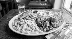 White Pasta + Fries+ Mashed Potato's + Veggies+Garlic Bread