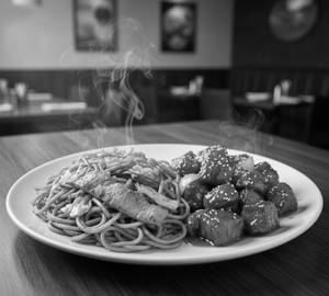 Schezwan Pork Noodles + Honey Chilli Pork